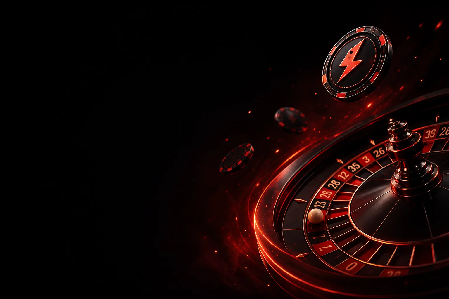 High-end 3D CGI of two premium black/red dice in motion with lightning-bolt token, featuring glowing reflections and deep sha